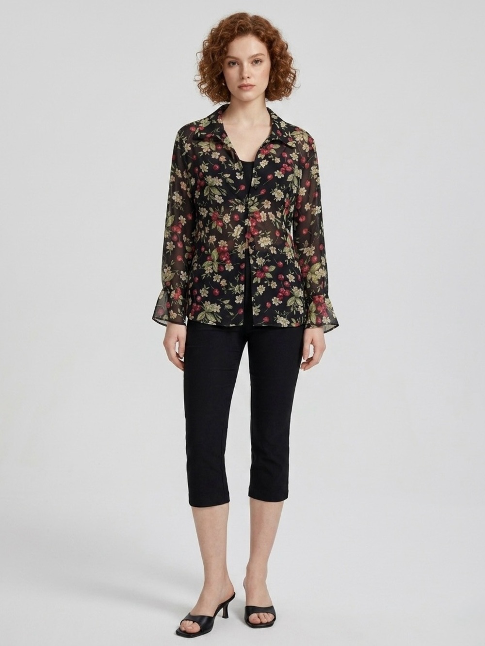 Vintage Y2K Sheer Cherry Floral Print Blouse Size Large Black Red Notations